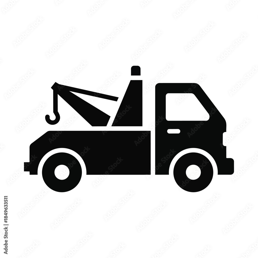 Naklejka premium A black silhouette of a tow truck vector against a clean white background with a simple, graphic design style.