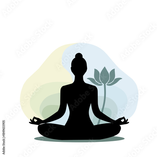Silhouette of a woman practicing yoga in lotus pose with a lotus flower. Flat vector illustration for meditation, wellness, zen, and mindfulness concept