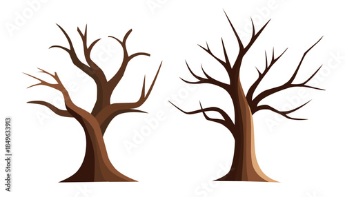Two leafless dead trees silhouettes. Flat vector illustration for winter, autumn, environment, or climate change concept