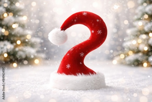 Festive Red Santa Hat in Question Mark Shape with Bokeh Lights and Snow