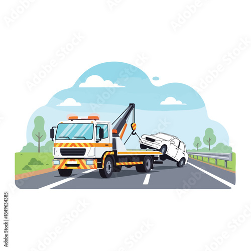 Vector illustration of a tow truck transporting a damaged white car on a highway with a sunny sky and trees in the background.