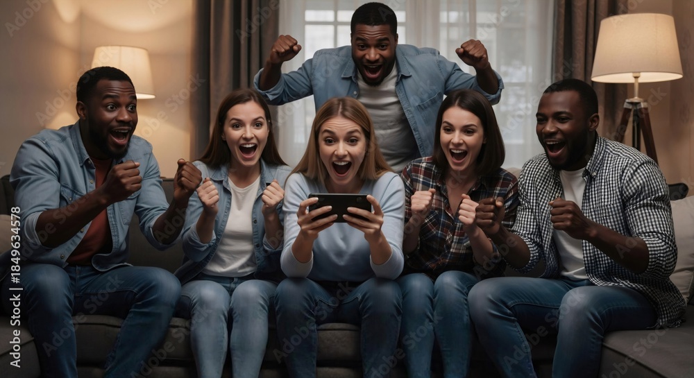 Fototapeta premium Group of young multi-ethnic friends watching woman play mobile video game on phone. Diverse people screaming and cheering online gaming with excitement.
