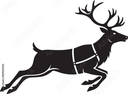 A majestic reindeer with antlers, leaping forward in a harness, a symbol of christmas and winter