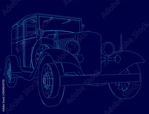 A detailed vintage car blueprint on a stark blue background. The retro contour drawing clearly shows the headlights, grille, and wheels.
