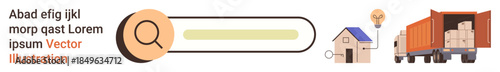 E-commerce, delivery services, logistics management, online shopping, supply chain, customer tracking. Search bar with icons of a house and truck with cargo. Logistics and e-commerce visualization