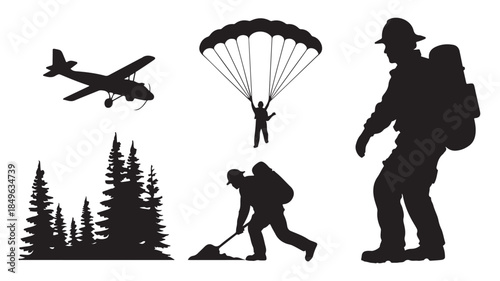 Parachutist landing in forest with hiker and airplane in silhouette style with dark tone for adventure travel