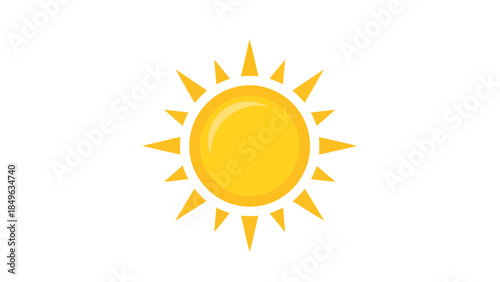 A bright and warm yellow sun with sharp rays against a white background, symbolizing daylight and good weather