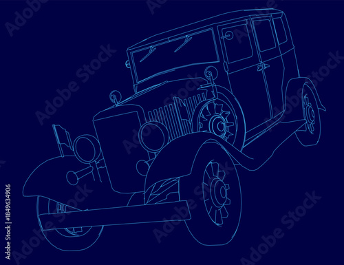 A detailed retro car contour illustration on a stark blue background highlights its classic design and intricate vintage features.