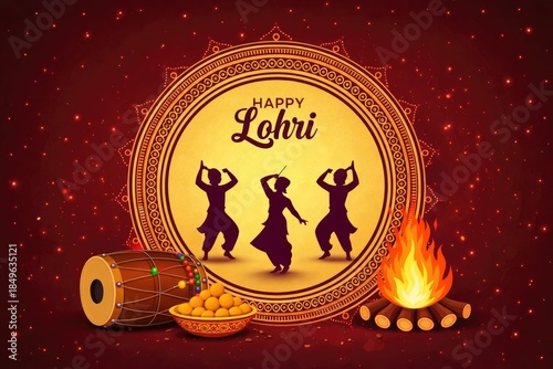 Happy Lohri festive greeting illustration with decorative circular frame, bonfire, drums, wheat and traditional sweets