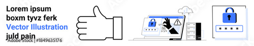 Cybersecurity, data protection, online safety, digital security, password management, warning systems. A hand gesture, a locked padlock and warning signs on screens. Cybersecurity and data