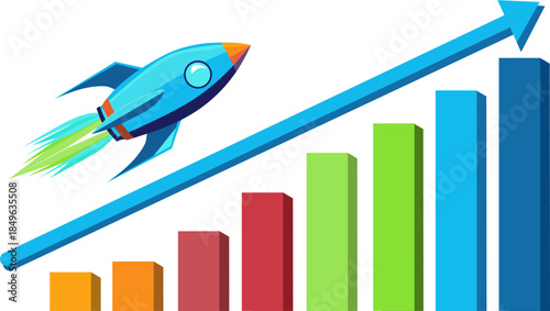 Blue rocket flying up with rising colorful bar charts. Vector illustration for startup growth, business success, financial progress, and investment concept