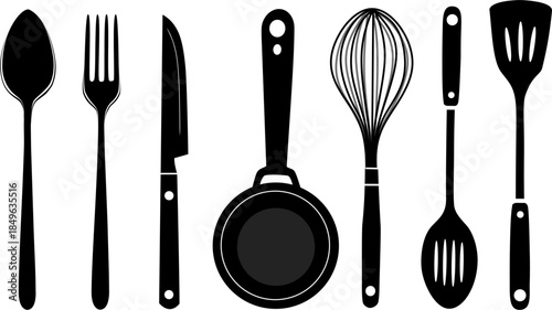 Set of kitchen utensils silhouettes. Spoon, fork, knife, pan, whisk, and spatula icons. Flat vector illustration for cooking, culinary, and restaurant concept