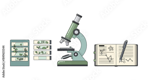 Microscope, specimen slides, and notebook for scientific study.