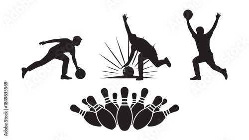 Bowling Players Silhouettes in Dynamic Action with Bowling Pins in Black and White Illustration for Sports