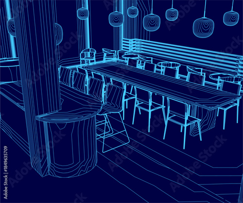 A 3D model of a restaurant interior features a kitchen area, tables with chairs, and a central pillar. Decorative hanging items define the space with clean contour lines.