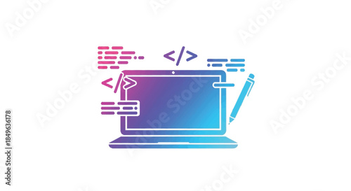 Laptop with code snippets and a pen, representing programming and web development.