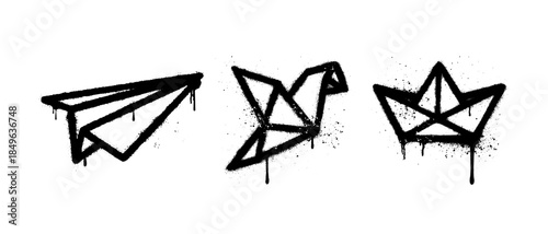 Graffiti spray paint origami paper craft geometric line art set