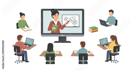 Online Education Class With Teacher And Students Learning Remotely.