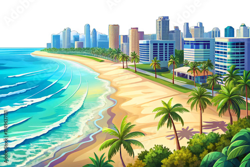 Miami Beach cartoon features white sandy shores, turquoise waters, palm-lined coastlines, and vibrant seaside atmosphere representing one of America’s most iconic tropical beach destinations