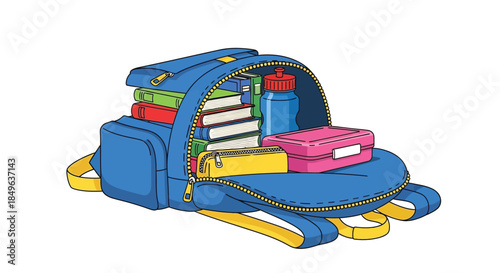Open blue backpack filled with school supplies and lunchbox.