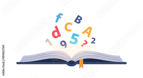 Open Book with Flying Letters and Numbers Education Concept.
