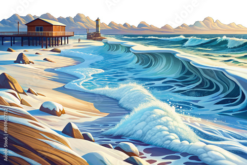 New Jersey beach during a nor’easter shows icy sand, roaring Atlantic waves, snow-filled air, and stormy skies capturing the raw power of winter coastal weather