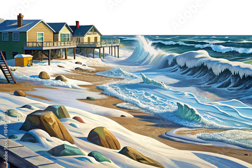 New Jersey beach during a nor’easter shows icy sand, roaring Atlantic waves, snow-filled air, and stormy skies capturing the raw power of winter coastal weather