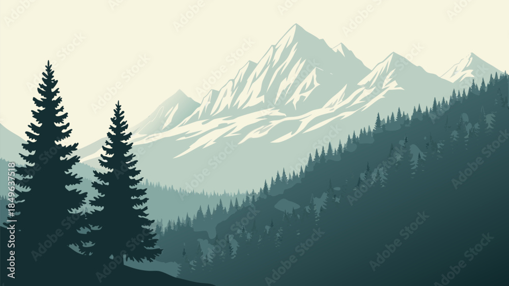 Fototapeta premium Serene vector illustration of majestic snow-capped mountains and evergreen forests in a tranquil, layered landscape