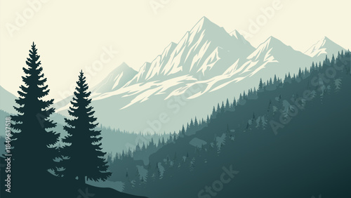 Serene vector illustration of majestic snow-capped mountains and evergreen forests in a tranquil, layered landscape