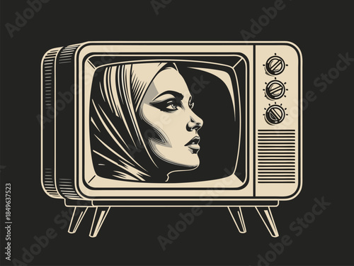 Captivating monochrome illustration of a woman in a headscarf displayed on a retro television screen, blending vintage technology with cultural identity