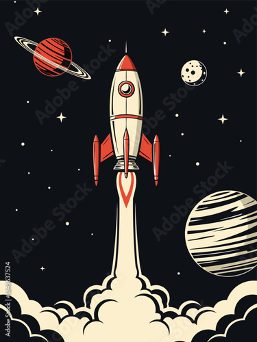 Powerful vintage space rocket launching into the cosmos, surrounded by stylized planets and stars, symbolizing cosmic exploration and adventurous interstellar travel
