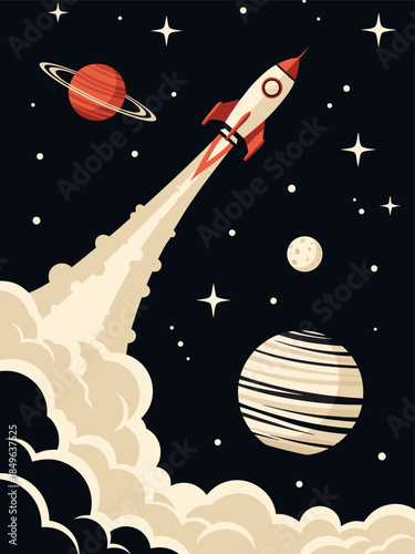 Dynamic retro rocket launching through dark space, past vintage planets and twinkling stars, depicting a cosmic journey of discovery and exploration
