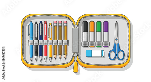 Open pencil case filled with school supplies and art materials.