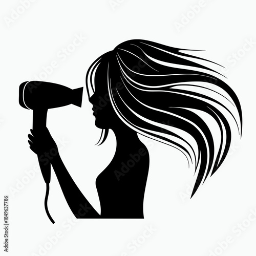 Girl drying hair with a hairdryer, silhouette style, with flowing hair