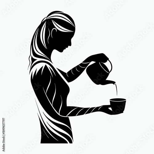 Woman making tea, silhouette style, pouring from a kettle