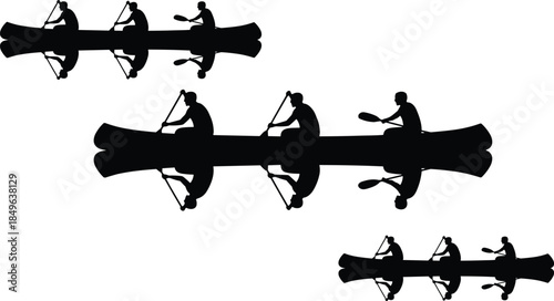 Set of Rowing Team Silhouettes in Canoes with Water Reflections Professional Athletes Paddling in Groups Isolated on a White Background