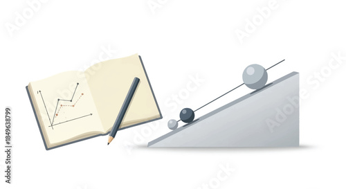 Physics experiment with inclined plane and spheres, alongside a notebook with a graph.