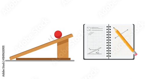 Physics experiment with inclined plane and ball next to a notebook with calculations.