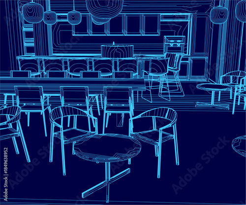 A detailed restaurant blueprint highlights the dining area layout with orderly tables and chairs. The kitchen contour is visible, creating an inviting and well-lit atmosphere.