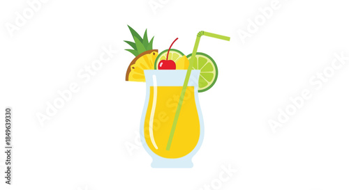 Tropical Cocktail with Pineapple, Cherry, and Lime Garnish.