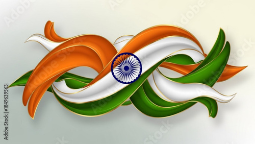 Abstract Indian flag design with swirling ribbons and Ashoka Chakra representing national pride and patriotism for Republic Day and Independence Day celebrations