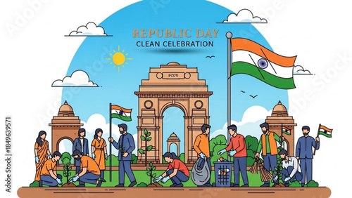 Indian Republic Day celebration with people cleaning and planting trees India Gate landmark vector illustration for national holiday and environmental awareness