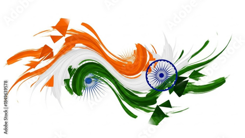 Abstract Indian flag design with brush strokes and ashoka chakra representing national pride and patriotism for India isolated on white background