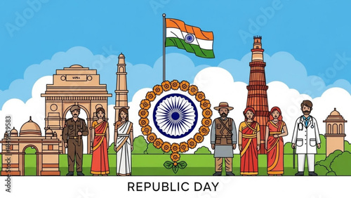 Indian Republic Day illustration with iconic landmarks diverse people in traditional attire and national flag celebrating patriotism and culture