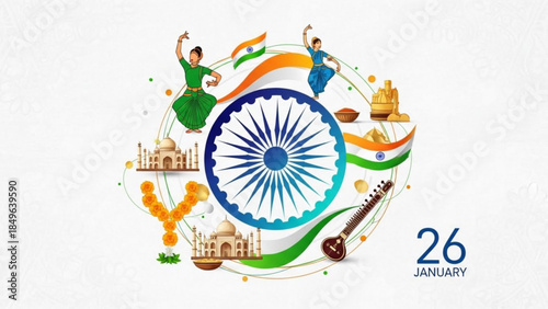 Indian Republic Day celebration collage with Ashoka Chakra Taj Mahal dancers and musical instruments vector illustration for patriotic design