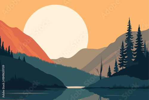 Sunset over mountain lake with pine forest and reflected sky, modern flat vector landscape illustration of wilderness nature, camping, travel adventure and serene evening view.