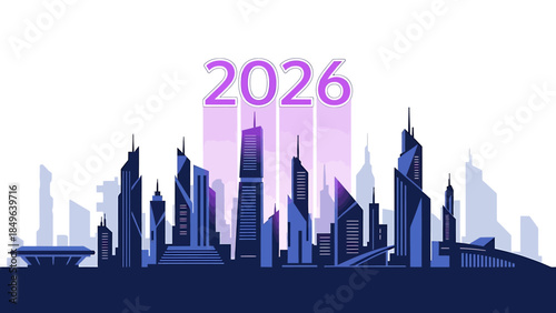 Futuristic city skyline with modern skyscrapers and the year 2026, representing urban development and future technology.