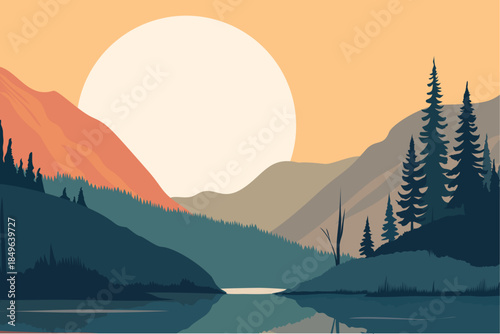 Sunset over mountain lake with pine forest and reflected sky, modern flat vector landscape illustration of wilderness nature, camping, travel adventure and serene evening view.