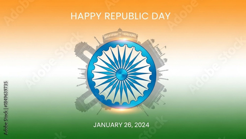 Happy Republic Day India Ashoka Chakra emblem with national flag colors and patriotic elements a graphic for January 26 2024 celebrations