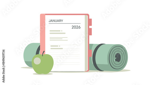 A planner for January 2026, a rolled yoga mat, and a green apple symbolizing new year resolutions and healthy lifestyle.
